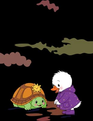 Child in a purple coat walking alongside a tortoise past soft pink clouds