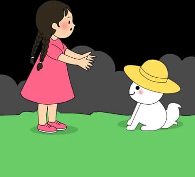 Girl waving a pink cloth on a beach towel beside a white cat in a straw hat