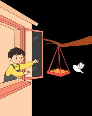 Girl at a window reaching for a red swing as small white birds fly past