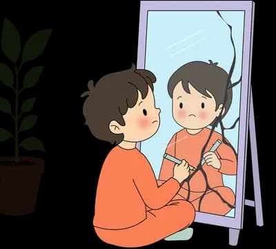 Girl in orange sitting before a standing mirror with a black bird on her head