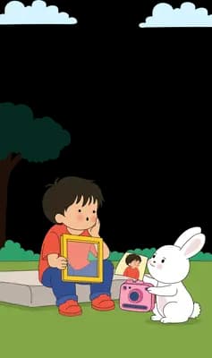 Boy showing his picture frame to a white rabbit sitting on the grass