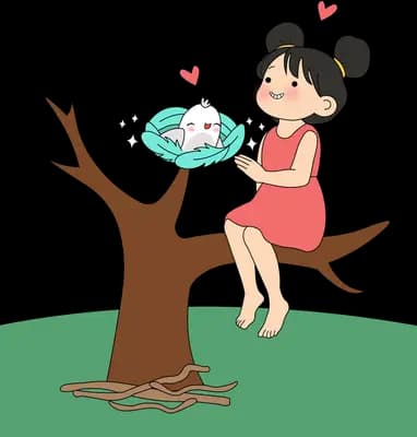 Girl in red on a branch holding a blue nest with a white bird inside