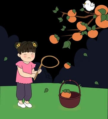 Girl with her net beside a basket of persimmons as a white bird lands on the branch