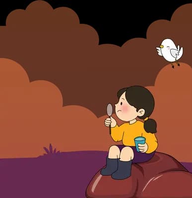Girl blowing bubbles on a rock with a white bird overhead and a purple whale in the clouds