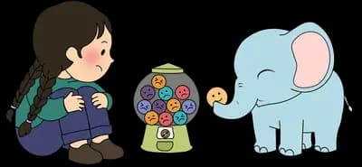 Girl crouching by a gumball machine while a blue elephant takes a gumball with its trunk