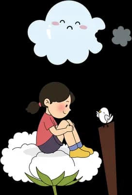 Girl seated on a cloud gazing at a happy face cloud floating above her