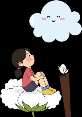 Girl sitting on a cotton cloud beneath a large smiling cloud