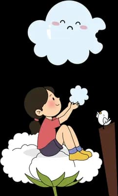 Girl on a cloud holding a small puff of cloud in her hands under a smiling cloud