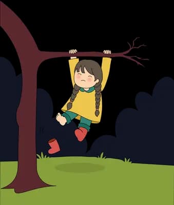 Girl swinging from a dark red tree on a green hill with a bird on a branch