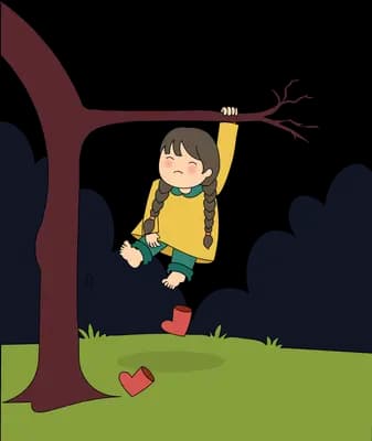 Girl on a swing under a maroon tree with a ball on the grass below