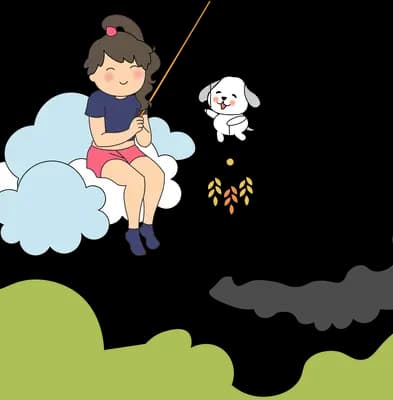 Girl on a cloud with a white dog dangling from her fishing line