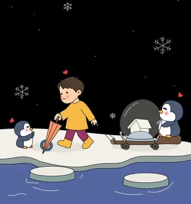 Boy carrying an umbrella across ice with two penguins pushing a glass pram