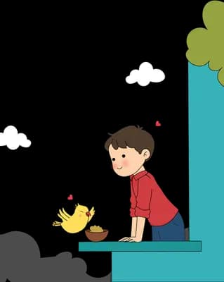 Boy leaning over a ledge watching a bird land beside a bowl of food