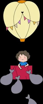 Boy and dog in a red balloon basket rising as ballast bags fall away