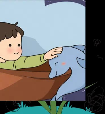 Boy leaning from a wooden boat to touch a blue whale in a framed scene