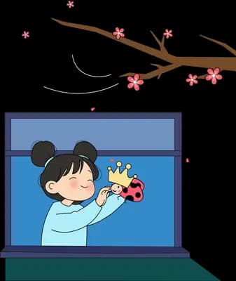 Girl inside a laptop screen holding a crown and a ladybug in her hands