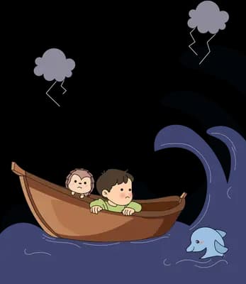 Boy and cat in a boat on rough sea as a dolphin swims alongside