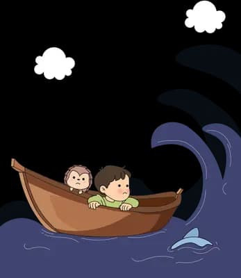 Boy and cat sailing calmer seas with white clouds above and a dolphin below