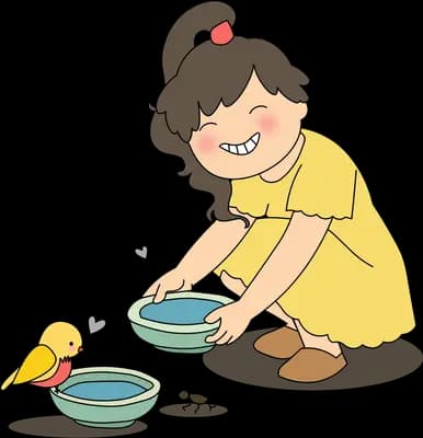 Woman in a yellow dress setting out bowls of water for a yellow bird