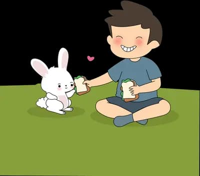 Boy sitting on grass with a potted seedling and a small white rabbit
