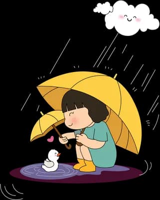 Girl holding a yellow umbrella over a small white duck in the rain