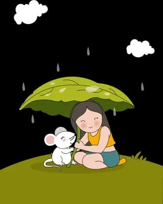 Girl and a white rabbit sheltering under a large leaf umbrella on grass