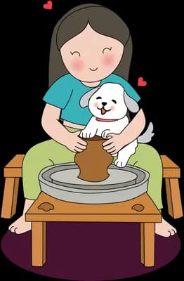 Girl throwing a pot at a pottery wheel with a white dog on her lap