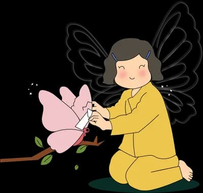 Girl in yellow kneeling to hold a branch of pink blossom for a small bird