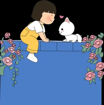 Girl leaning on a blue wall reaching for a white cat among roses