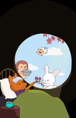 Girl in bed reaching to birds flying in through a round window with a cat