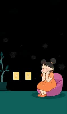 Girl huddled in an armchair beneath a dark cloud of birds