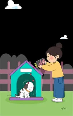 Girl leaning down to feed a dog in its teal kennel
