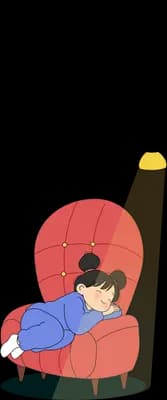 Girl huddled in a red shell chair with a rabbit under a hanging light