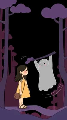 Girl and her dog on a purple tree lined path under a street lamp