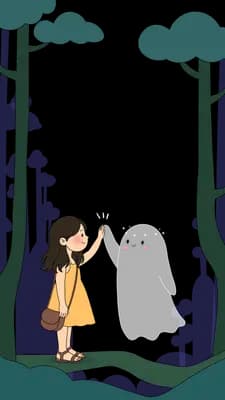 Girl and a dog on a path between green and purple trees