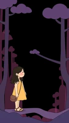 Girl and dog small against tall purple trees along a curving path