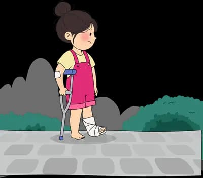 Girl on crutches with a bandaged leg standing on a stone path while a white puppy runs beside her