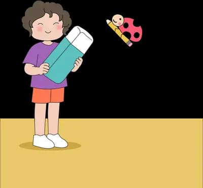 Boy holding a giant teal pencil while standing on a yellow banner with a ladybug beside him