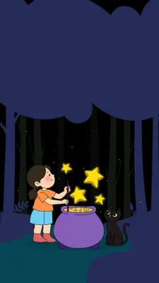 First golden stars rising from a purple cauldron as a girl stirs it beside a black cat