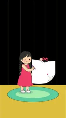 Girl on a green rug holding a red rose and a large white letter with a ladybug beside her