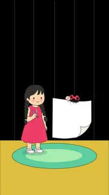 Girl holding open a large white letter with a ladybug perched on its corner