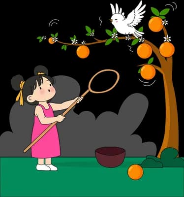 Girl in a pink dress raising a long-handled net towards an orange tree where a white bird perches