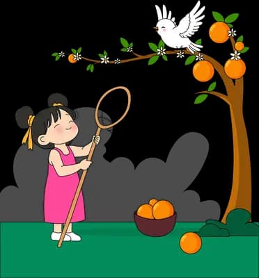 Girl with a net standing beside a bowl heaped with oranges under the tree