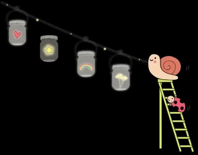 Man on a green stepladder pegging little cards of a heart lightbulb and rainbow onto a washing line while a ladybug climbs the rungs