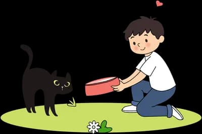 Boy kneeling on the grass offering a red bowl of food to a black cat