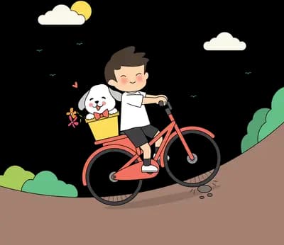 Boy cycling a red bicycle up a brown slope with a white dog in the front basket