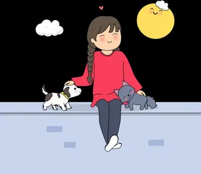 Girl in a red jumper sitting on a stone ledge with a puppy and a cat while holding a glowing smiling sun on a stick