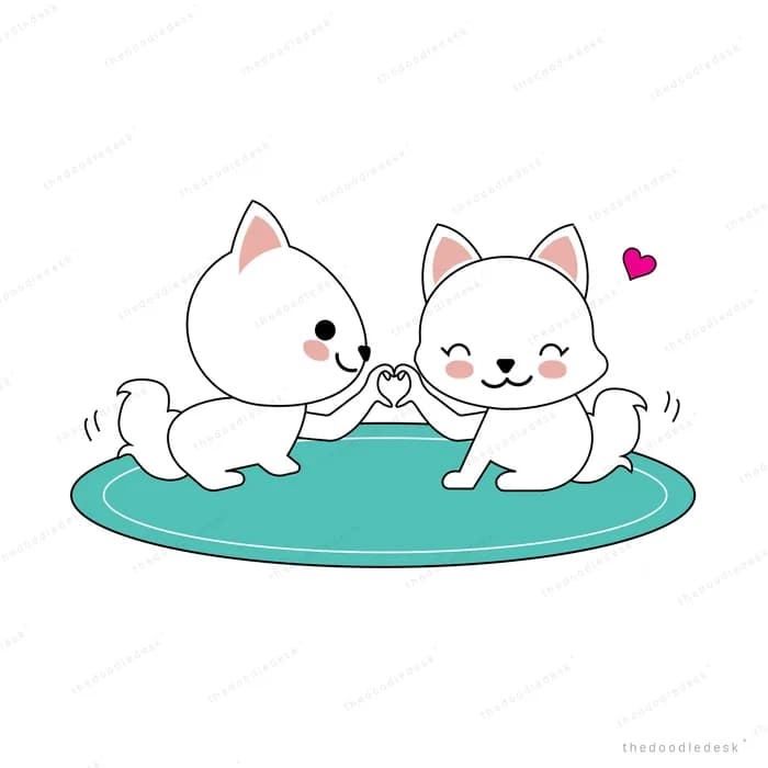 Two white cats lounging together on a teal mat