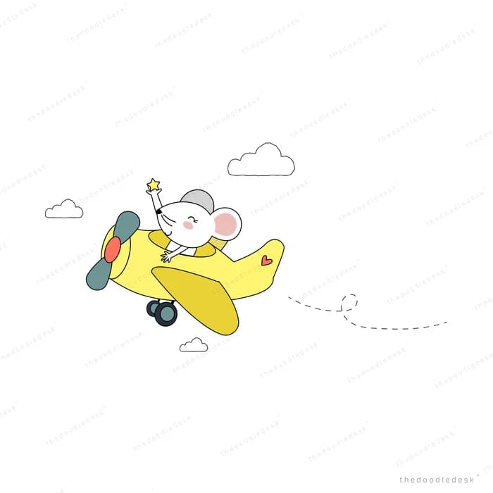 Mouse piloting a yellow airplane through the sky
