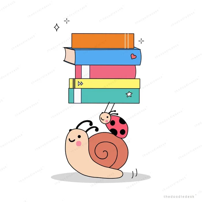Snail beside a tall stack of colorful books